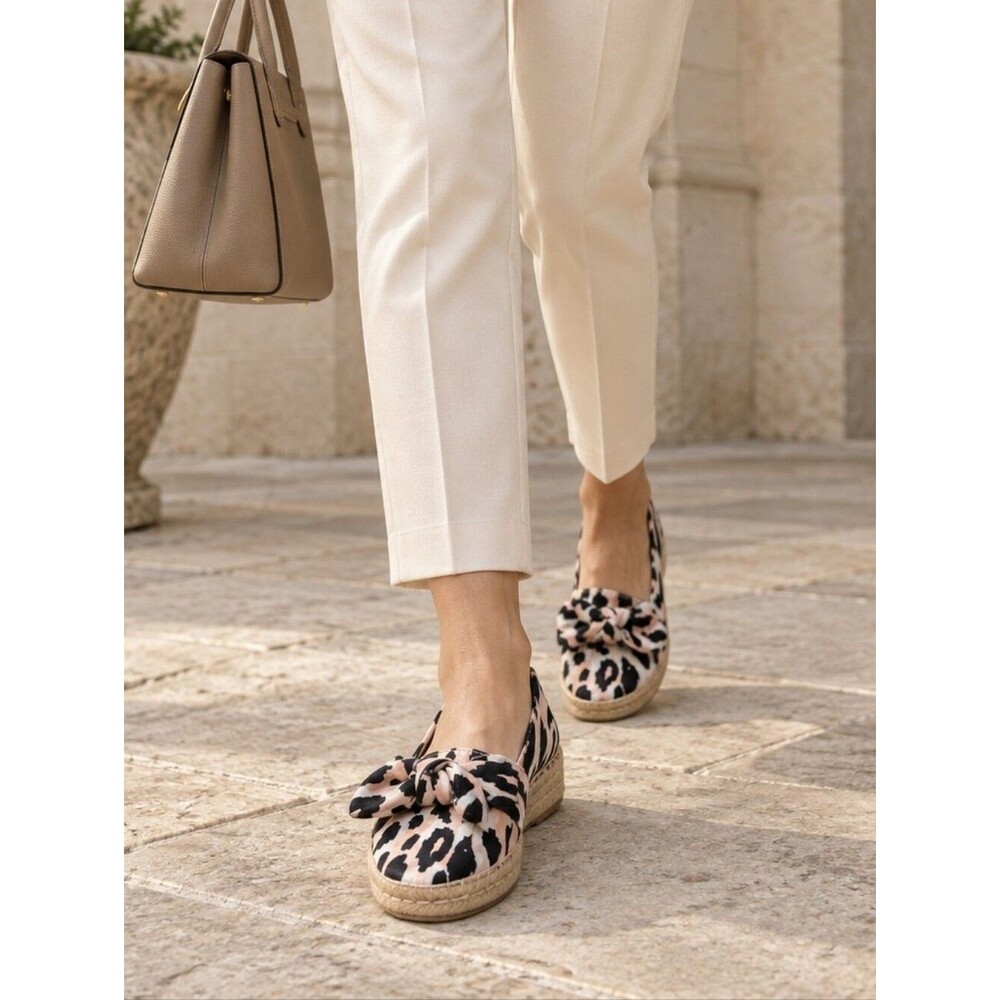 Antonio Melani Leopard Print Bow Espadrilles 5 Peach Black Cottagecore Whimsy Mo